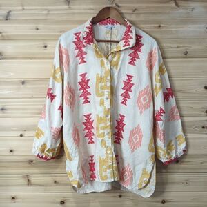 John Mark Top Womens Large Beige Embroidered Button Front Blouse Boho Art